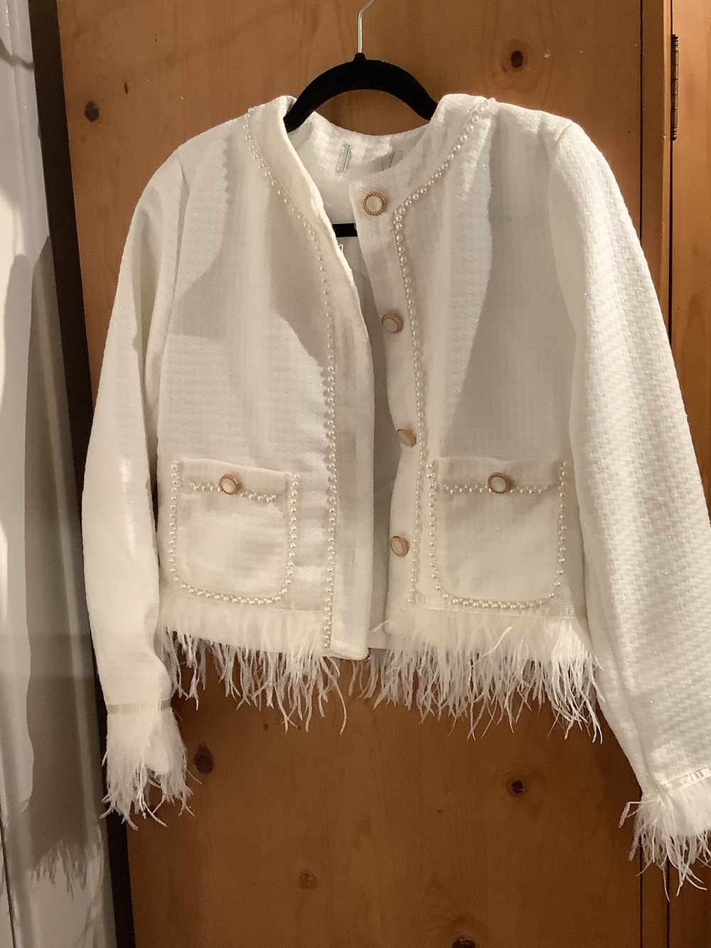 Elegant Ivory Pearl-Trim Feather Hem Jacket come with two Chanel bag